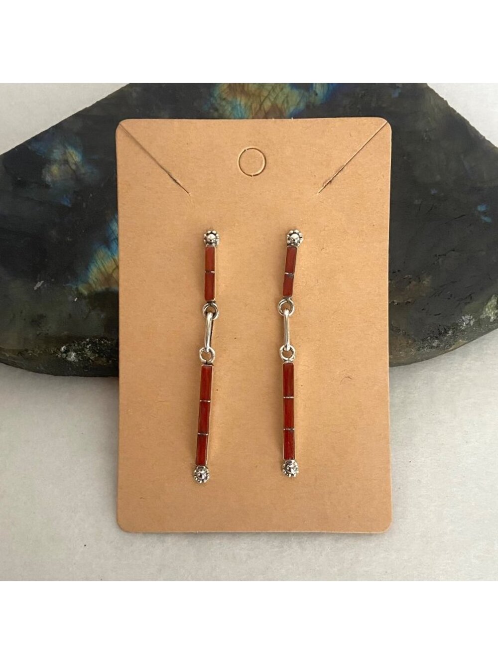 VTG Sterling Silver 925 Southwest Zuni Style Red Coral Stick Dangle Earrings